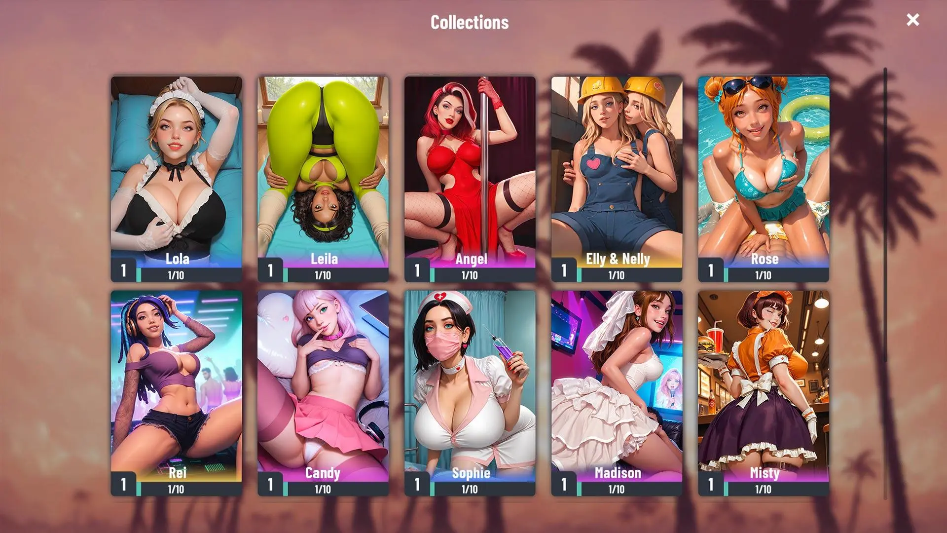 Passion Industry Collections screen: heroine cards to collect (Lola, Angel, Rose, Candy, Sophie, Madison…)