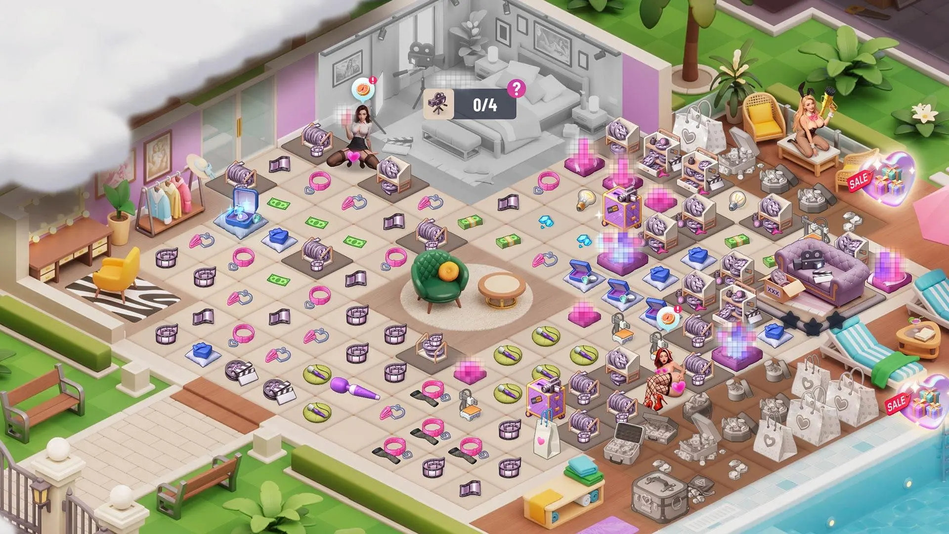 Passion Industry Merge-5 grid: items to combine in a pool-decorated venue
